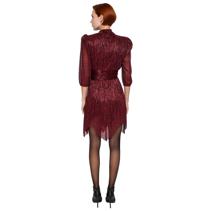 Kadın Dik Yaka Truvakar Balon Kol Fermuarlı Astarlı Kısa Örme A Kesim Abiye Elbise Gece Şıklığı