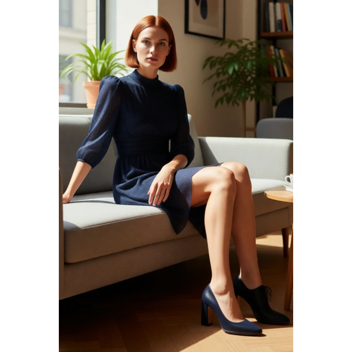 Kadın Dik Yaka Truvakar Balon Kol Fermuarlı Astarlı Kısa Örme A Kesim Abiye Elbise Gece Şıklığı