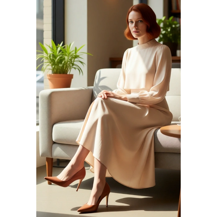 Kadın Dik Yaka Uzun Kollu A Line Dokuma Elbise Düz Deseniyle Günlük Şıklık ve Konfor Sunar