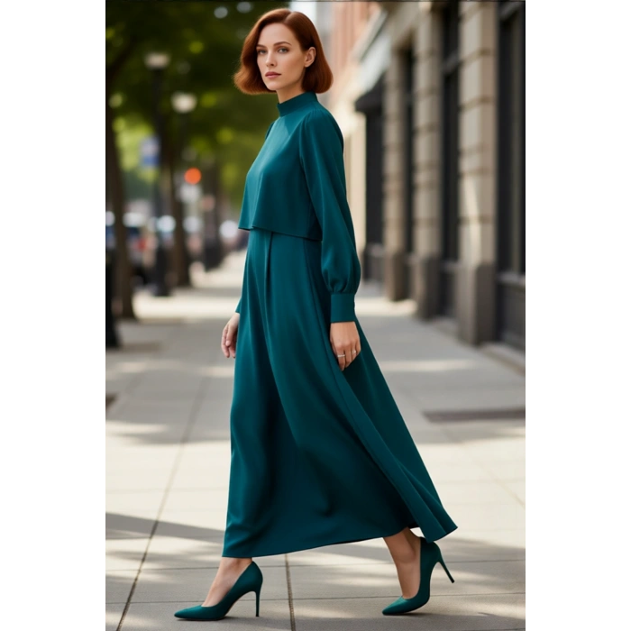 Kadın Dik Yaka Uzun Kollu A Line Dokuma Elbise Düz Deseniyle Günlük Şıklık ve Konfor Sunar