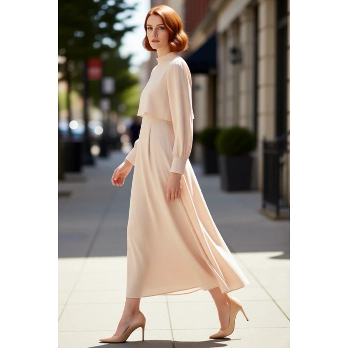 Kadın Dik Yaka Uzun Kollu A Line Dokuma Elbise Düz Deseniyle Günlük Şıklık ve Konfor Sunar