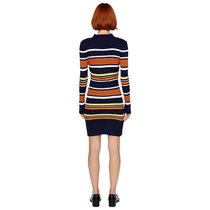 Kadın Dik Yaka Uzun Kollu Bodycon Triko Elbise Lacivert Tonlarda Renk Bloklu Fitilli Kış Modası