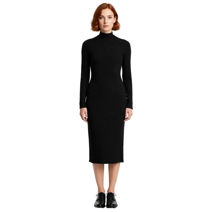 Kadın Dik Yaka Uzun Kollu Bodycone Örme Midi Elbise Yırtmaçlı Fitilli Tasarım Soğuk Havalar İçin