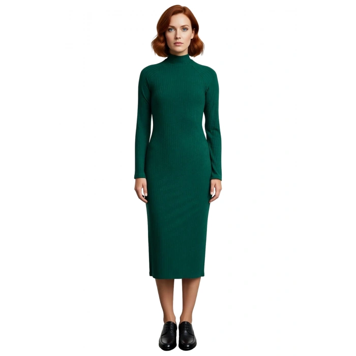 Kadın Dik Yaka Uzun Kollu Bodycone Örme Midi Elbise Yırtmaçlı Fitilli Tasarım Soğuk Havalar İçin