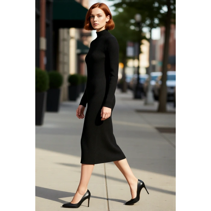 Kadın Dik Yaka Uzun Kollu Bodycone Örme Midi Elbise Yırtmaçlı Fitilli Tasarım Soğuk Havalar İçin