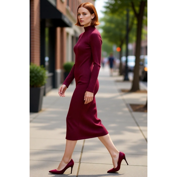 Kadın Dik Yaka Uzun Kollu Bodycone Örme Midi Elbise Yırtmaçlı Fitilli Tasarım Soğuk Havalar İçin