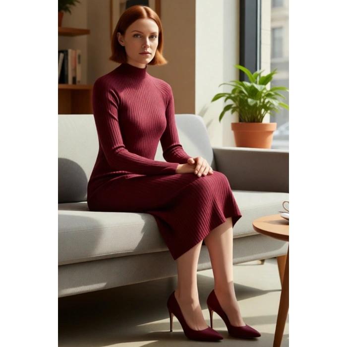 Kadın Dik Yaka Uzun Kollu Bodycone Örme Midi Elbise Yırtmaçlı Fitilli Tasarım Soğuk Havalar İçin