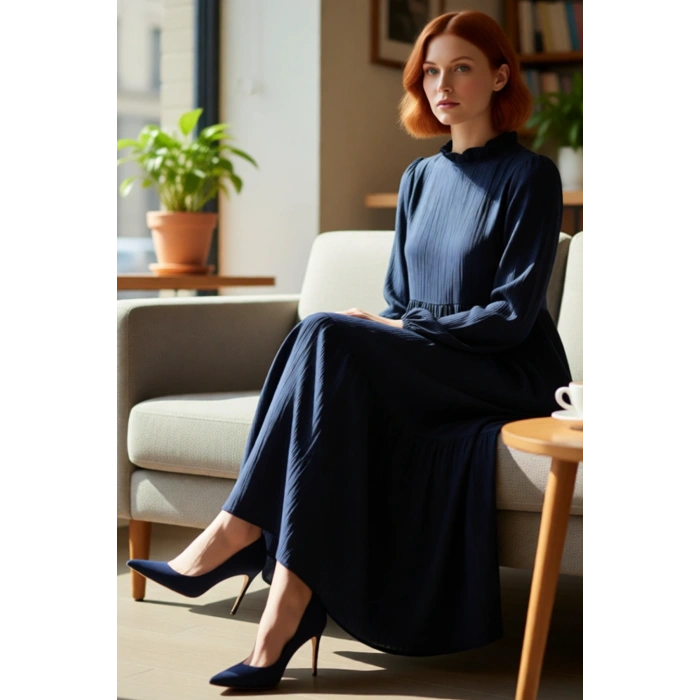 Kadın Dik Yaka Uzun Kollu Krinkıl Dokuma Elbise A line Kesim Rahat ve Trend Günlük Şıklık Sunar