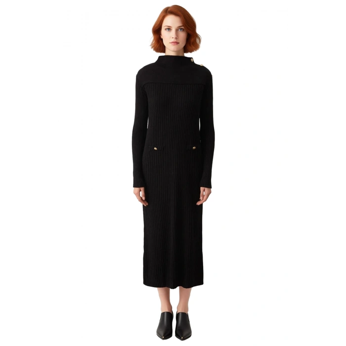 Kadın Dik Yaka Uzun Kollu Maxi Boy Ribana Triko Elbise Şık Düğme Detayları İle Kışlık Günlük Şıklık