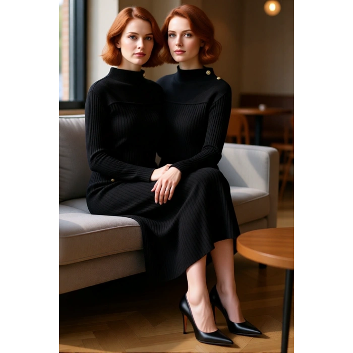 Kadın Dik Yaka Uzun Kollu Maxi Boy Ribana Triko Elbise Şık Düğme Detayları İle Kışlık Günlük Şıklık