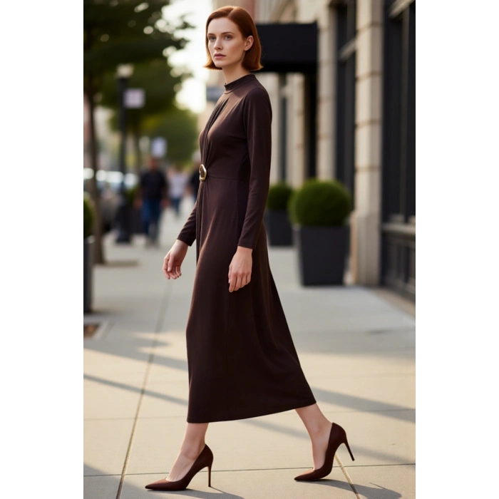 Kadın Dik Yaka Uzun Kollu Sandy Örme Bodycon Maxi Elbise Şık Toka Detaylı Günlük Kombinler İçin