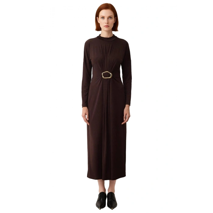 Kadın Dik Yaka Uzun Kollu Sandy Örme Bodycon Maxi Elbise Şık Toka Detaylı Günlük Kombinler İçin