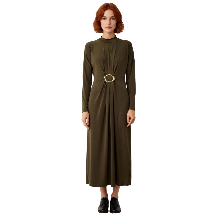 Kadın Dik Yaka Uzun Kollu Sandy Örme Bodycon Maxi Elbise Şık Toka Detaylı Günlük Kombinler İçin