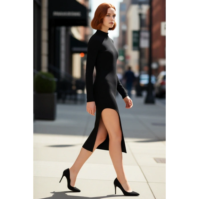 Kadın Dik Yaka Yırtmaç Detaylı Bodycon Midi Elbise Örme Kumaşıyla Kış Kombinlerine Zarafet Katıyor