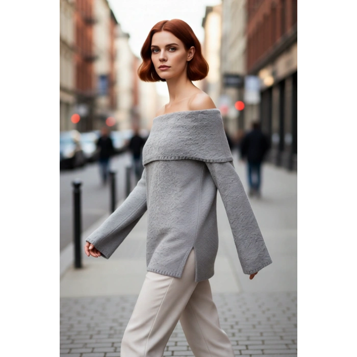 Kadın Dokulu Carmen Yaka Triko Kazak Regular Kalıp Uzun Kol Kış Günleri İçin Konforlu Stil