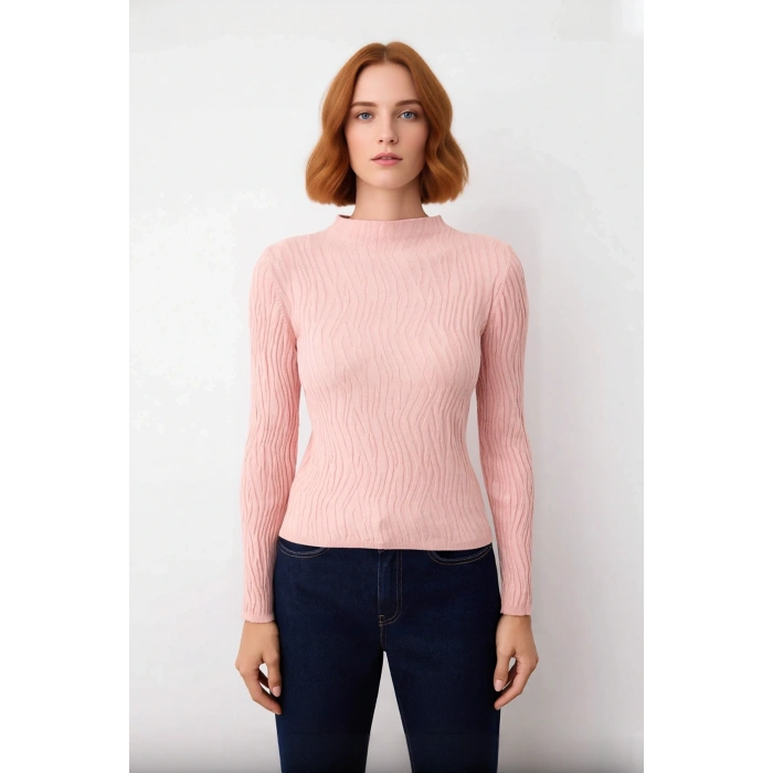 Kadın Dokulu Desenli Fitted Kalıp Dik Yaka İnce Triko Kazak Standart Kollu Rahat Günlük Şıklık