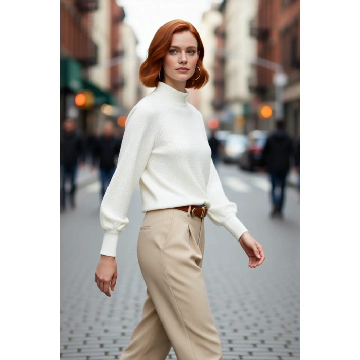 Kadın Dokulu Dik Yaka Balon Kol Regular Kalıp Akrilik Triko Kazak Günlük Ve Şık Kış Kombinleri İçin