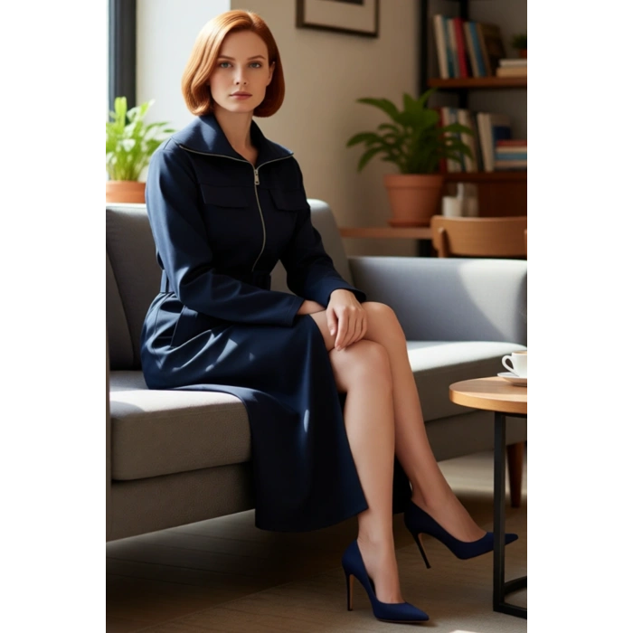 Kadın Dokuma Gabardin Midi Gömlek Elbise Fermuarlı Standart Uzun Kol Astarsız Şık Rahat Kaliteli