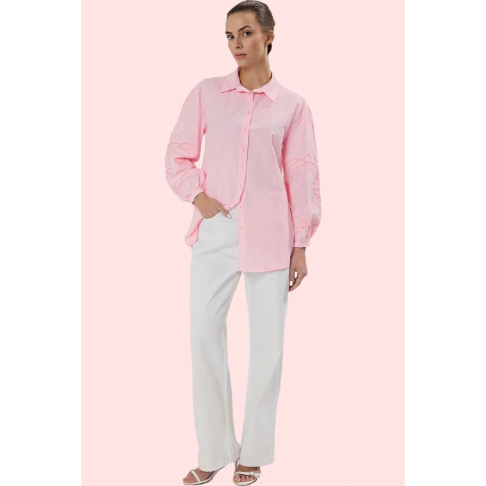 Kadın Dokuma Gömlek; Oversize Uzun Kollu Nakış Detaylı Günlük Stil Yaz Aylarının Vazgeçilmezi