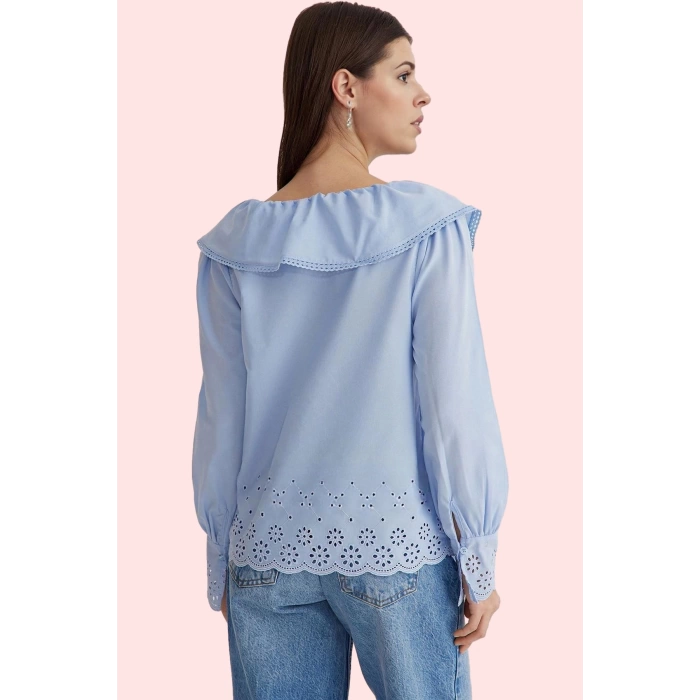 Kadın Dokuma Gömlek Regular Kalıp Bebe Yaka Uzun Kollu Terrycotton Kumaş Dayanıklı Malzeme