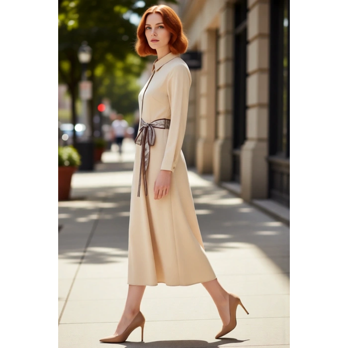 Kadın Dokuma Gömlek Yaka Maxi Elbise Fular Detaylı A Line Kesim Ofis ve Günlük Şıklığı Kaliteli