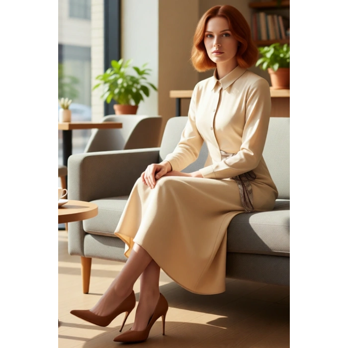 Kadın Dokuma Gömlek Yaka Maxi Elbise Fular Detaylı A Line Kesim Ofis ve Günlük Şıklığı Kaliteli