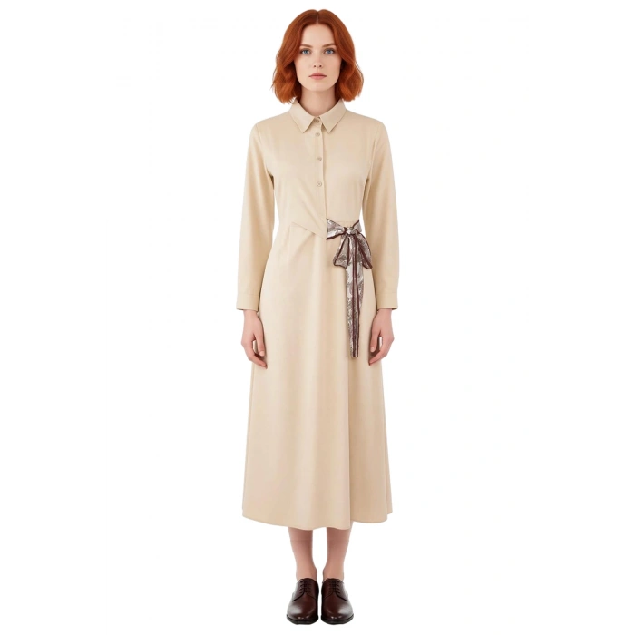 Kadın Dokuma Gömlek Yaka Maxi Elbise Fular Detaylı A Line Kesim Ofis ve Günlük Şıklığı Kaliteli