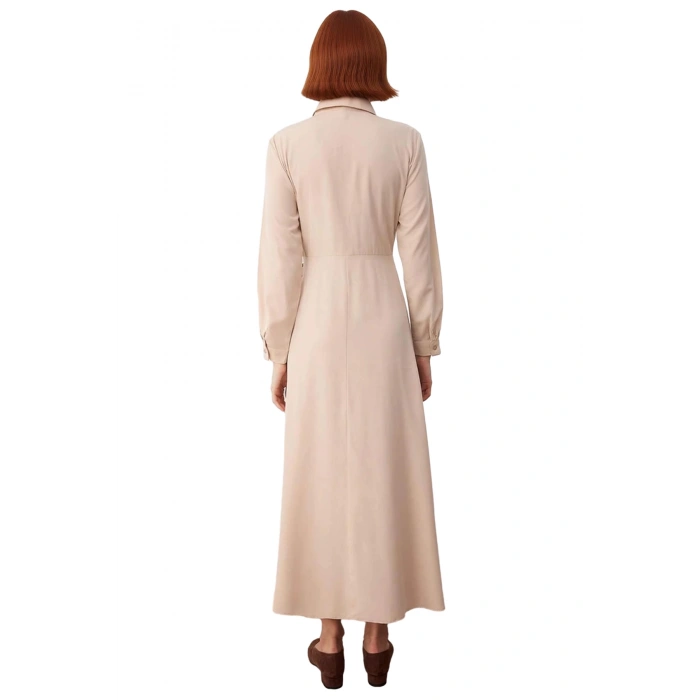 Kadın Dokuma Gömlek Yaka Maxi Elbise Fular Detaylı A Line Kesim Ofis ve Günlük Şıklığı Kaliteli