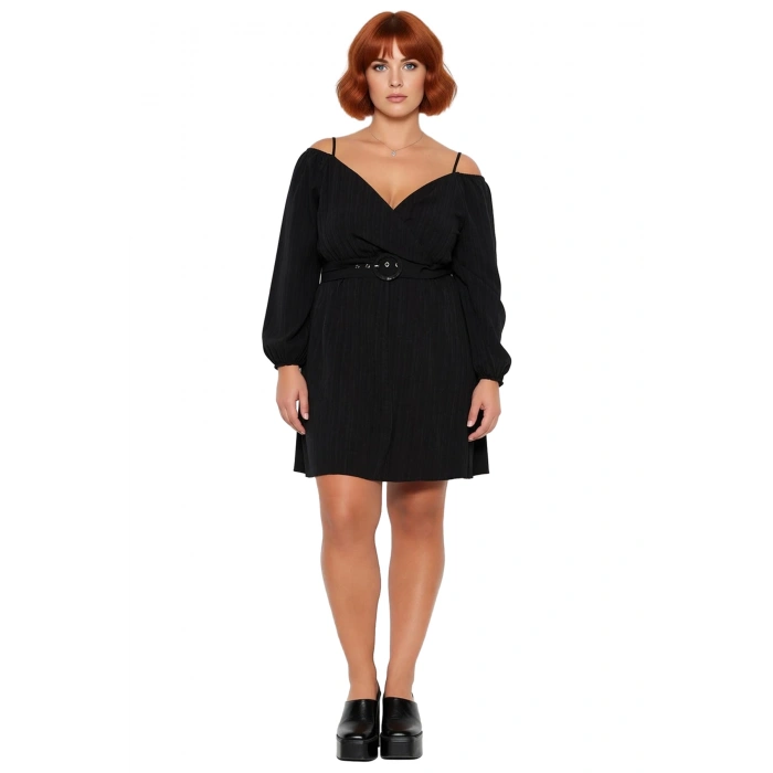 Kadın Dokuma Kemer Detaylı Düşük Kol A Kesim V Yaka Mini Elbise Günlük Şıklık İçin İdealdir