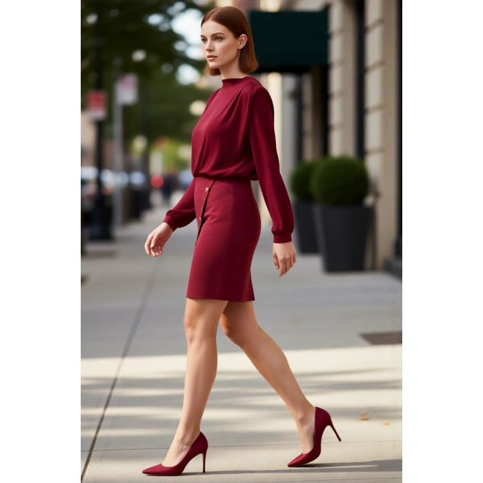 Kadın Dokuma Kumaş Dik Yaka Balon Kol Mini Elbise Düğme Detaylı Casual Ve Şık Bir Görünüm Sunar