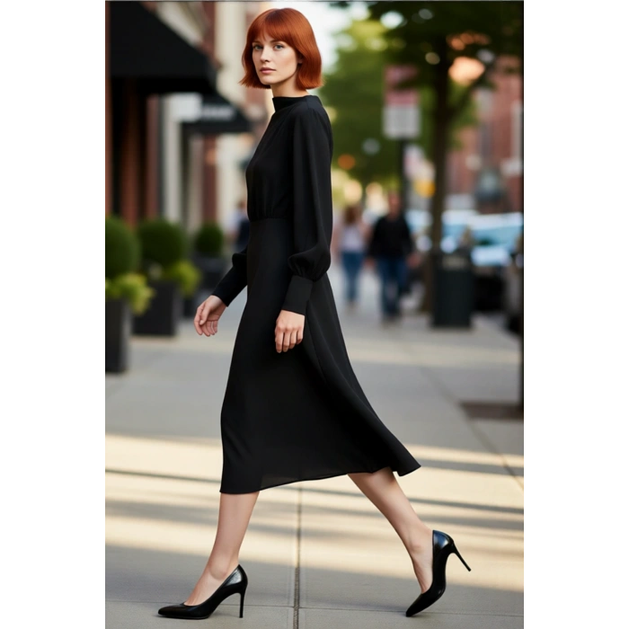 Kadın Dokuma Polyester Düz Desen Degaje Yaka Uzun Balon Kol Midi Elbise Kışlık Şık Gündüz Gece