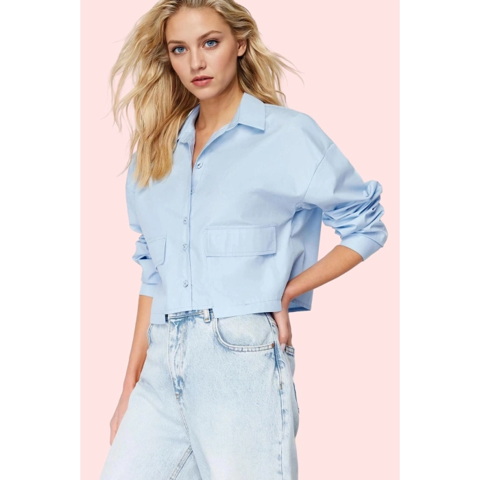Kadın Dokuma Poplin Gömlek Crop Basic Günlük Şık Modern Tasarım Yaz Aylarının Vazgeçilmezi