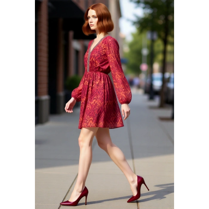 Kadın Dokuma Skater Mini Elbise V Yaka Uzun Standart Kollu Astarlı Feminine Zarif Tasarım Kaliteli