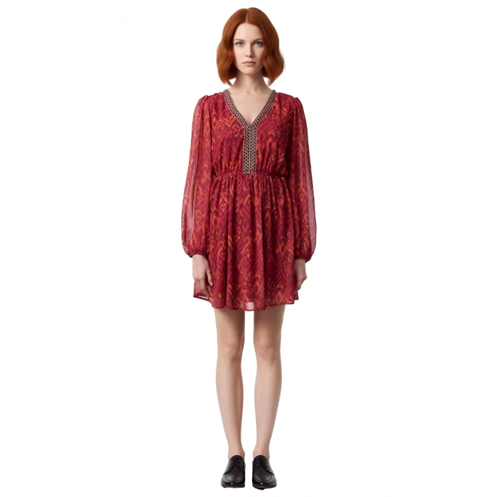 Kadın Dokuma Skater Mini Elbise V Yaka Uzun Standart Kollu Astarlı Feminine Zarif Tasarım Kaliteli