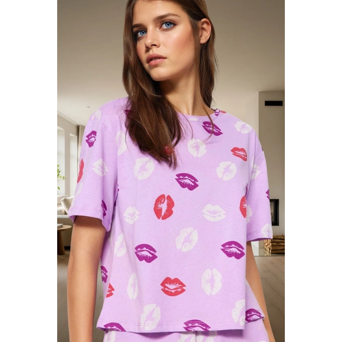 Kadın Dudak Desenli Pamuklu Kısa Kollu Pijama Takımı Rahat Ev Giyim Yaz Modern Stil Kaliteli İşçilik