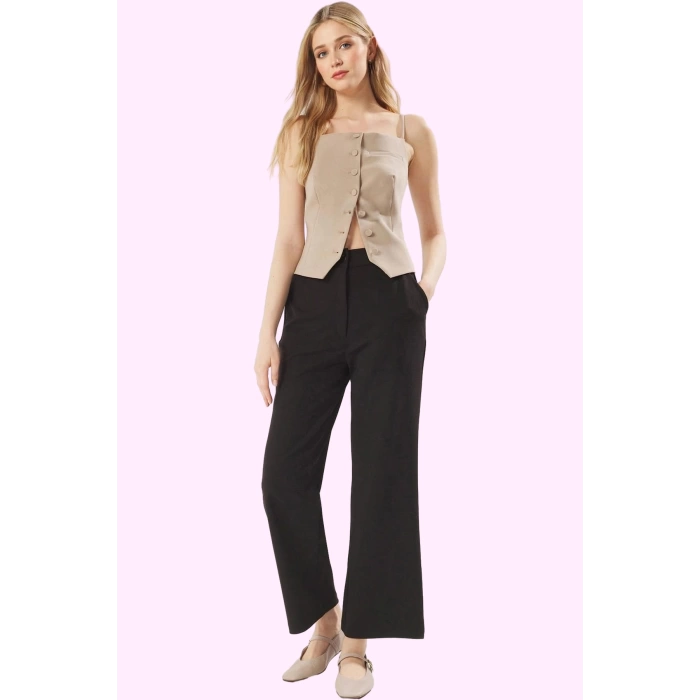 Kadın Düğmeli Örme Pantolon Regular Kesim Yüksek Bel Wide Leg Casual Yaz Aylarının Vazgeçilmezi
