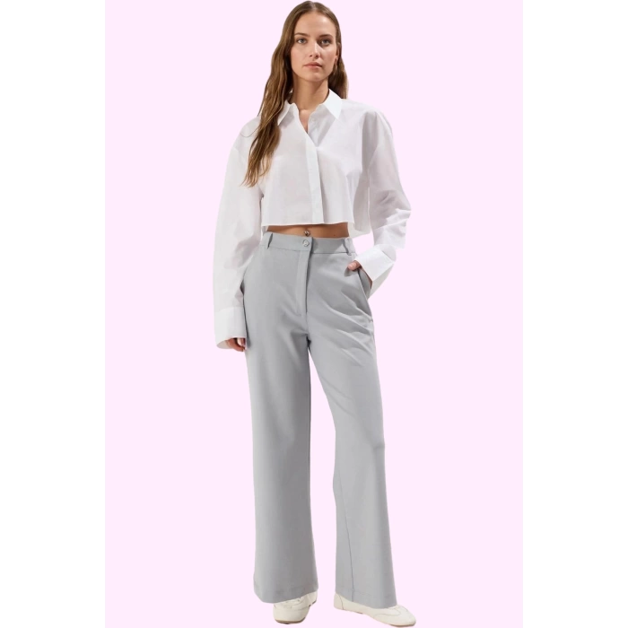 Kadın Düğmeli Örme Pantolon Regular Kesim Yüksek Bel Wide Leg Casual Yaz Aylarının Vazgeçilmezi