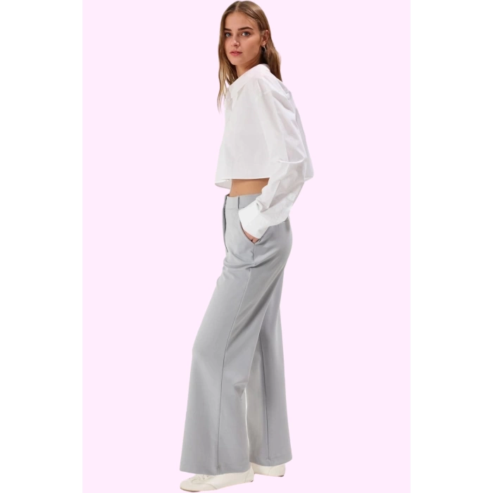 Kadın Düğmeli Örme Pantolon Regular Kesim Yüksek Bel Wide Leg Casual Yaz Aylarının Vazgeçilmezi