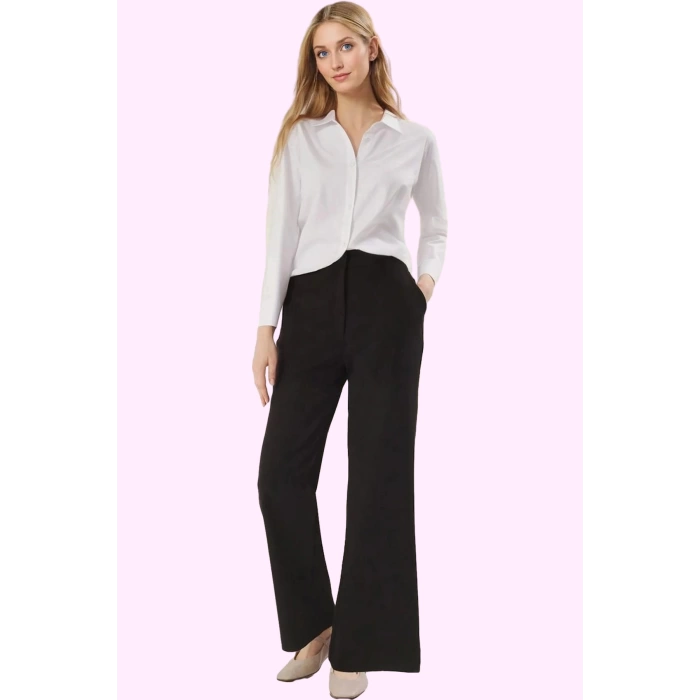 Kadın Düğmeli Örme Pantolon Regular Kesim Yüksek Bel Wide Leg Casual Yaz Aylarının Vazgeçilmezi