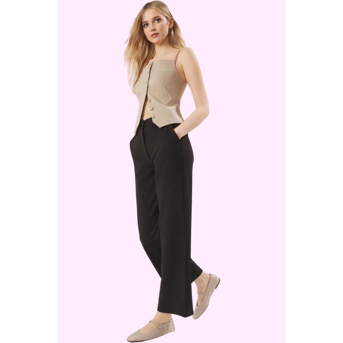 Kadın Düğmeli Örme Pantolon Regular Kesim Yüksek Bel Wide Leg Casual Yaz Aylarının Vazgeçilmezi