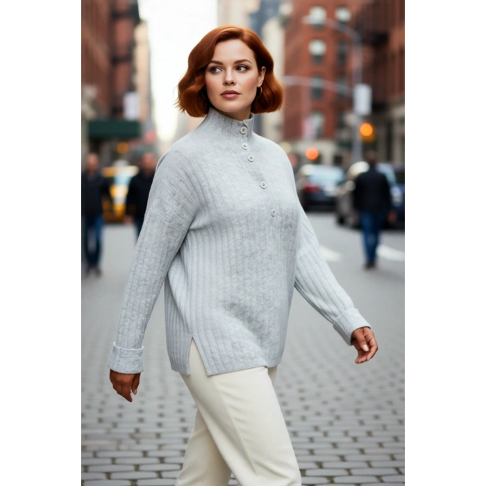 Kadın Düğmeli Triko Kazak Relaxed Kalıp Dik Yaka Fitilli Dokuma Soğuk Havalarda Şıklık ve Konfor