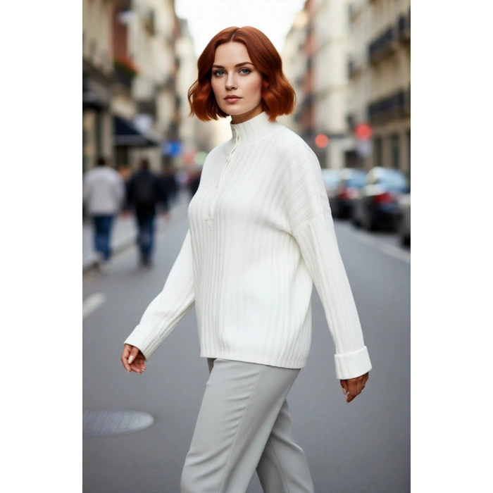 Kadın Düğmeli Triko Kazak Relaxed Kalıp Dik Yaka Fitilli Dokuma Soğuk Havalarda Şıklık ve Konfor
