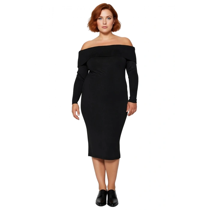 Kadın Düşük Kol Bodycon Siluet Carmen Yaka Triko Midi Elbise Zarif Ve Modern Kış Stili İçin İdeal