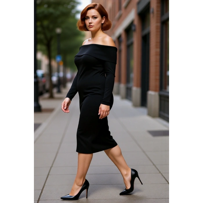 Kadın Düşük Kol Bodycon Siluet Carmen Yaka Triko Midi Elbise Zarif Ve Modern Kış Stili İçin İdeal