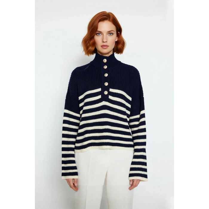 Kadın Düşük Kol Çizgili Dik Yaka Oversize Triko Kazak Rahat Crop Kesim Kış Modası Kaliteli