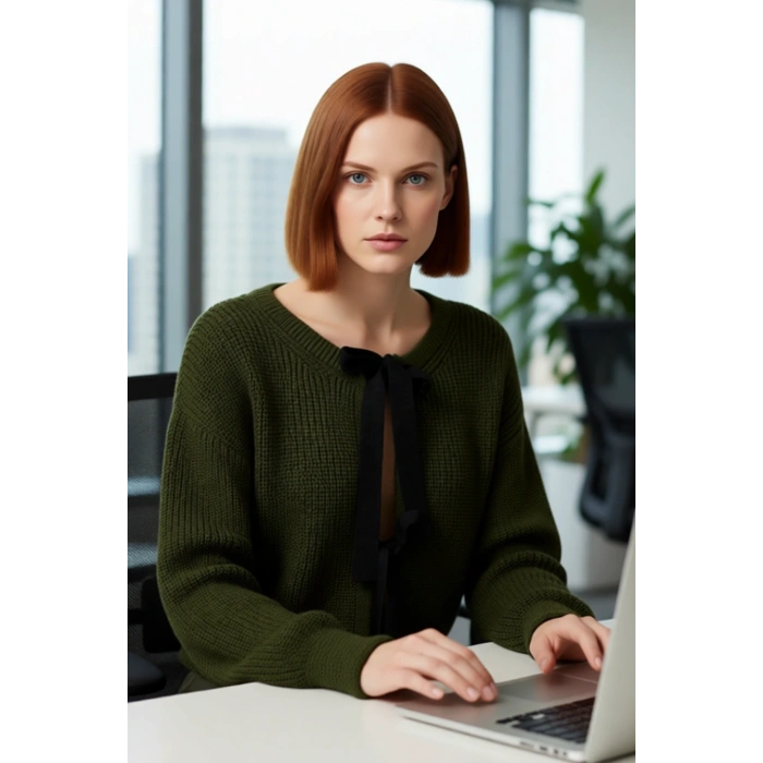 Kadın Düşük Kol Crop Boy Selanik Örgü Çift Taraflı Kurdele Detaylı Regular Kalıp Akrilik Triko Kazak