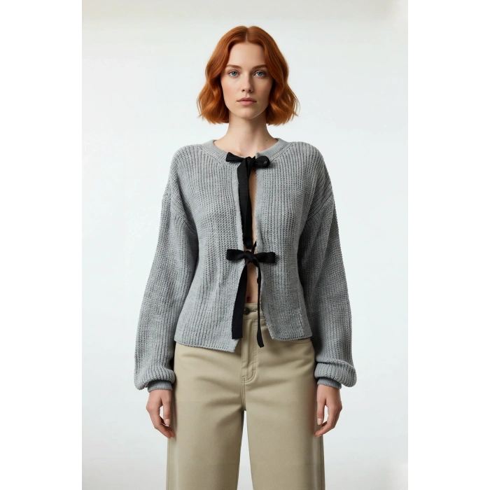 Kadın Düşük Kol Crop Boy Selanik Örgü Çift Taraflı Kurdele Detaylı Regular Kalıp Akrilik Triko Kazak