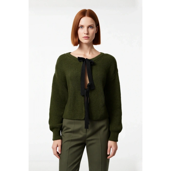 Kadın Düşük Kol Crop Boy Selanik Örgü Çift Taraflı Kurdele Detaylı Regular Kalıp Akrilik Triko Kazak