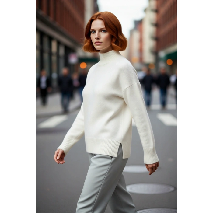 Kadın Düşük Kol Düz Desenli Oversize Dik Yaka Triko Kazak Kış Modasına Uygun Yünlü Rahatlık