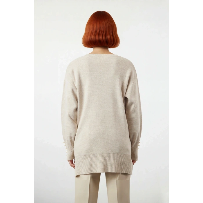 Kadın Düşük Kol İnci Detaylı Düz Desen Triko Kazak Kışlık Rahatlığın ve Şıklığın Adresi Kaliteli